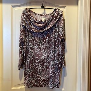 Zenergy by Chicos patterned top in maroon, cream, grey, and black